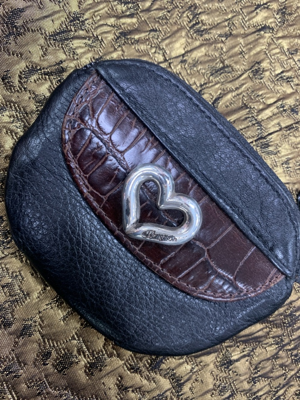 Brighton Black Leather Coin Pouch with Brown Croc Accent and Silver Heart